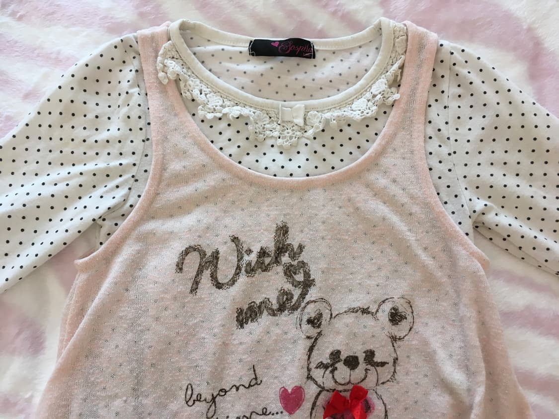 코지 베어 레터링 레이어드 도트 탑 라떼갸루 히메갸루 모리걸 로리타 상품이미지3