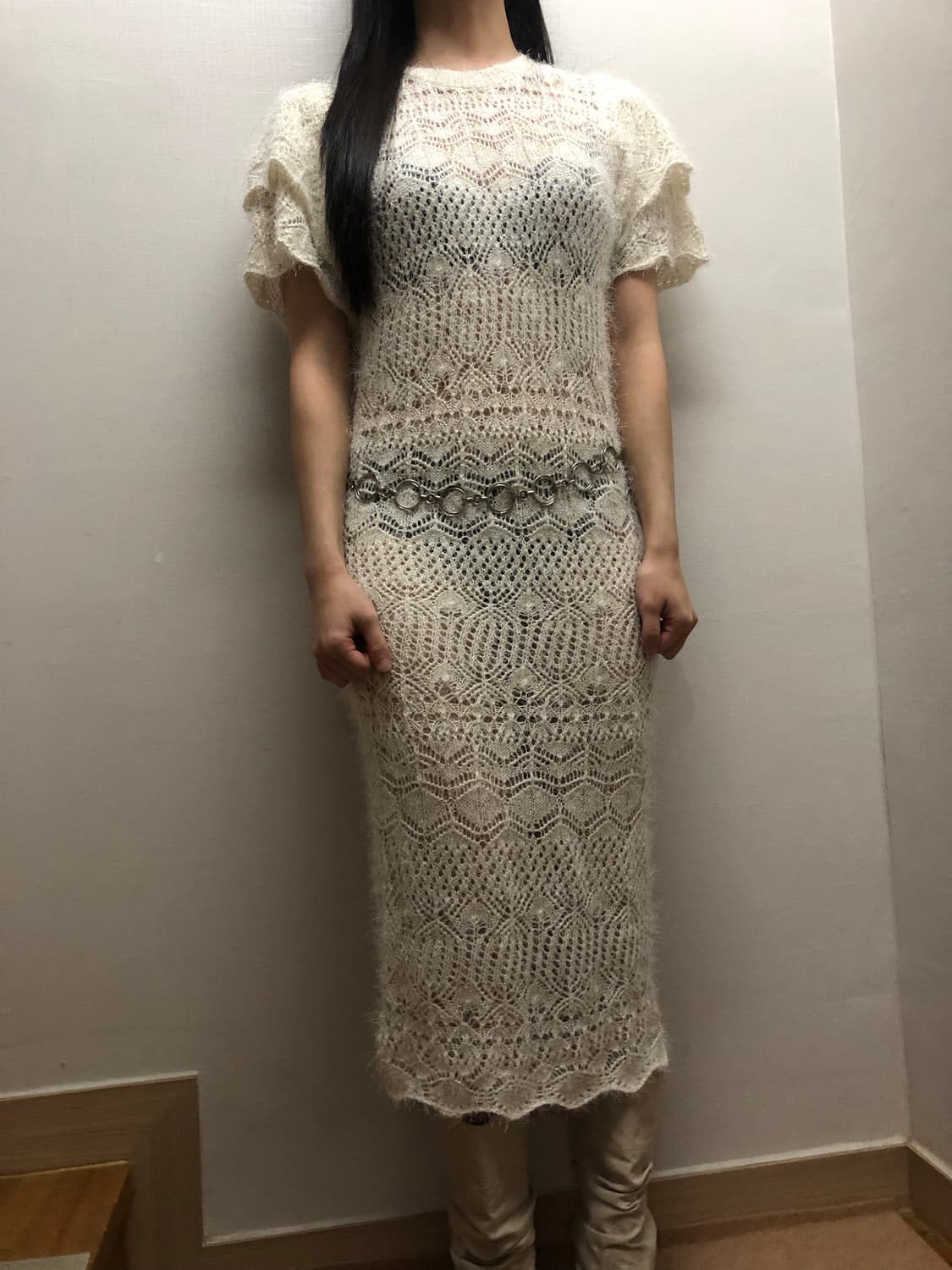 빈티지 화이트 프릴 글리터 니트 원피스 상품이미지5