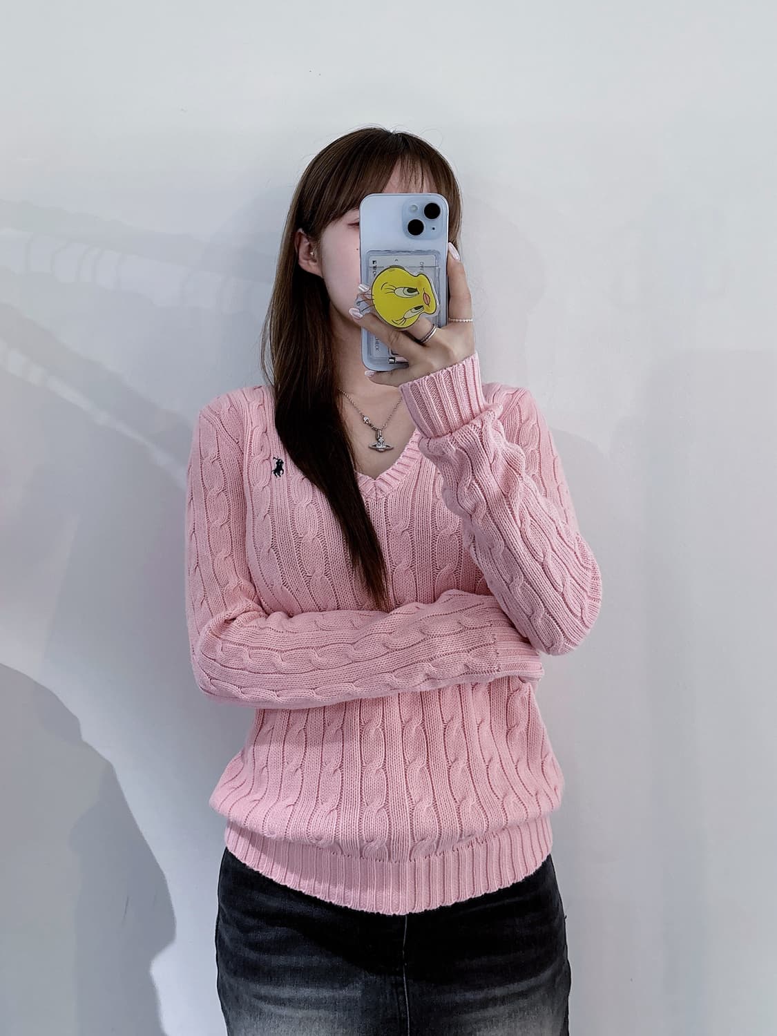 폴로랄프로렌 qr 베이비핑크 브이넥 케이블 니트 상품이미지2