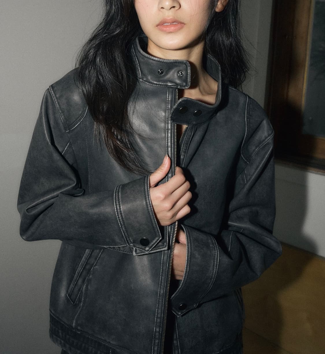 헬레네파리스 워시드 레더 블루종 점퍼 가죽자켓 빈티지그레이 상품이미지1