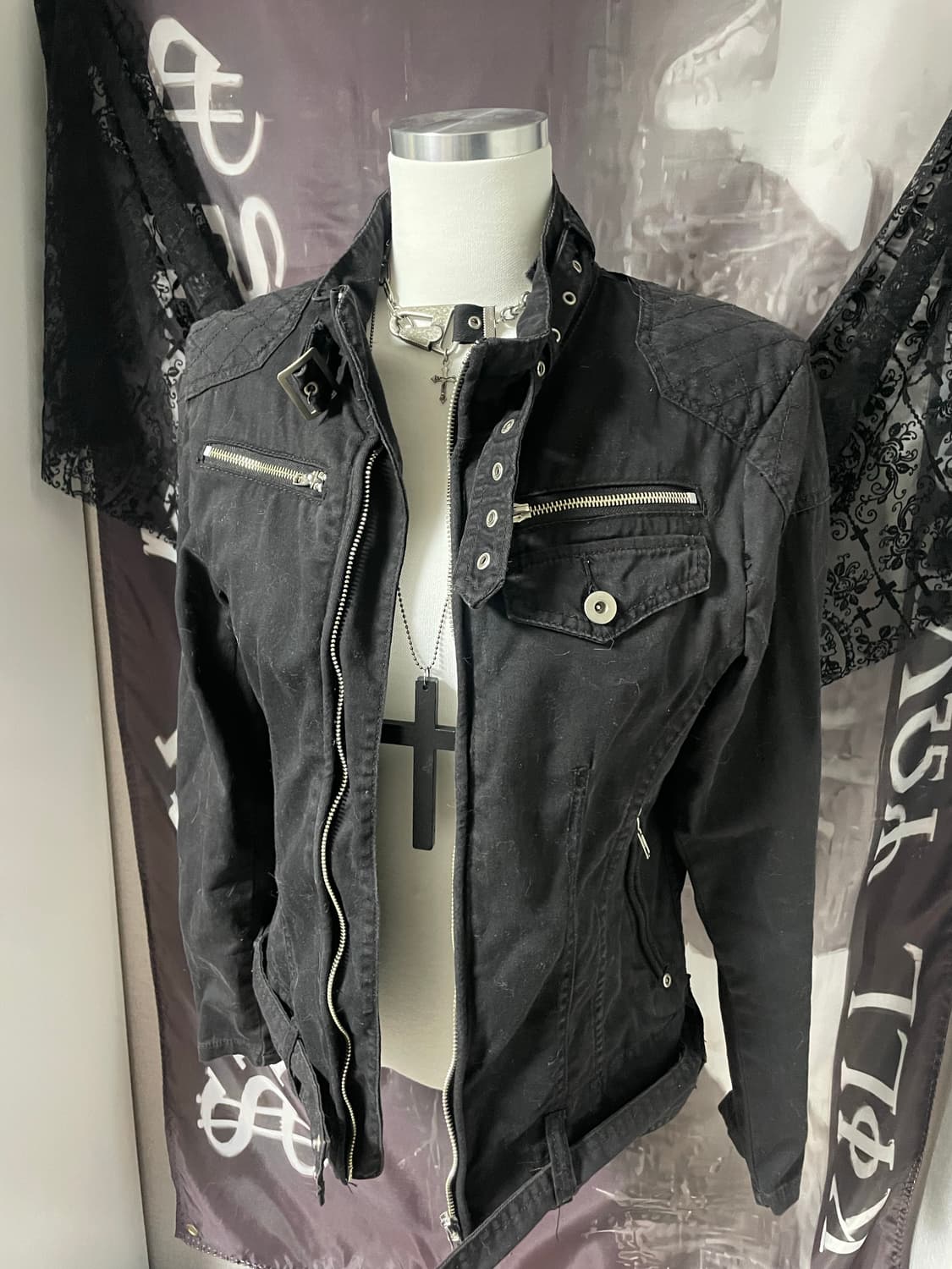 Vkei 00s 벨티드넥 지퍼 라이더 야상코튼자켓 다크웨어emo버커루맛 상품이미지3