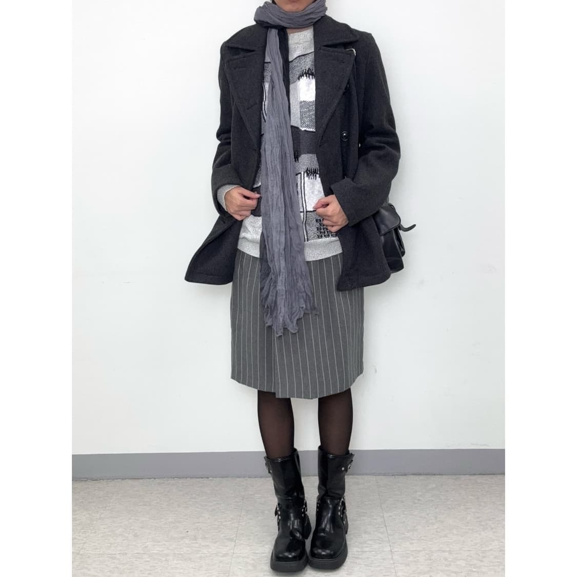 빈티지 차콜 스트라이프 미디 스커트 상품이미지2