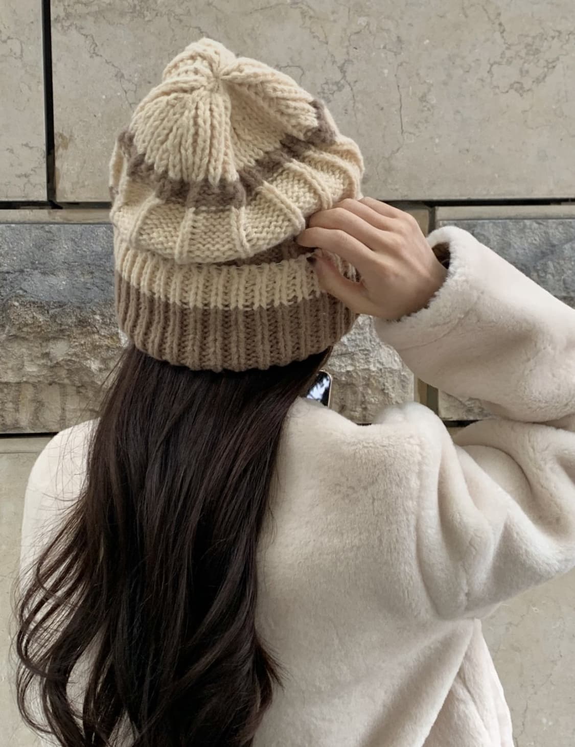 줄무늬 왕골지 배색 니트 비니 모자 (새상품) 상품이미지8