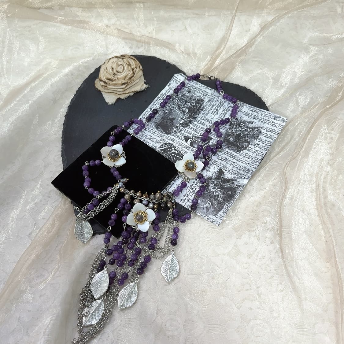 빈티지  자수정 꽃 쉘 담수진주 목걸이 상품이미지2