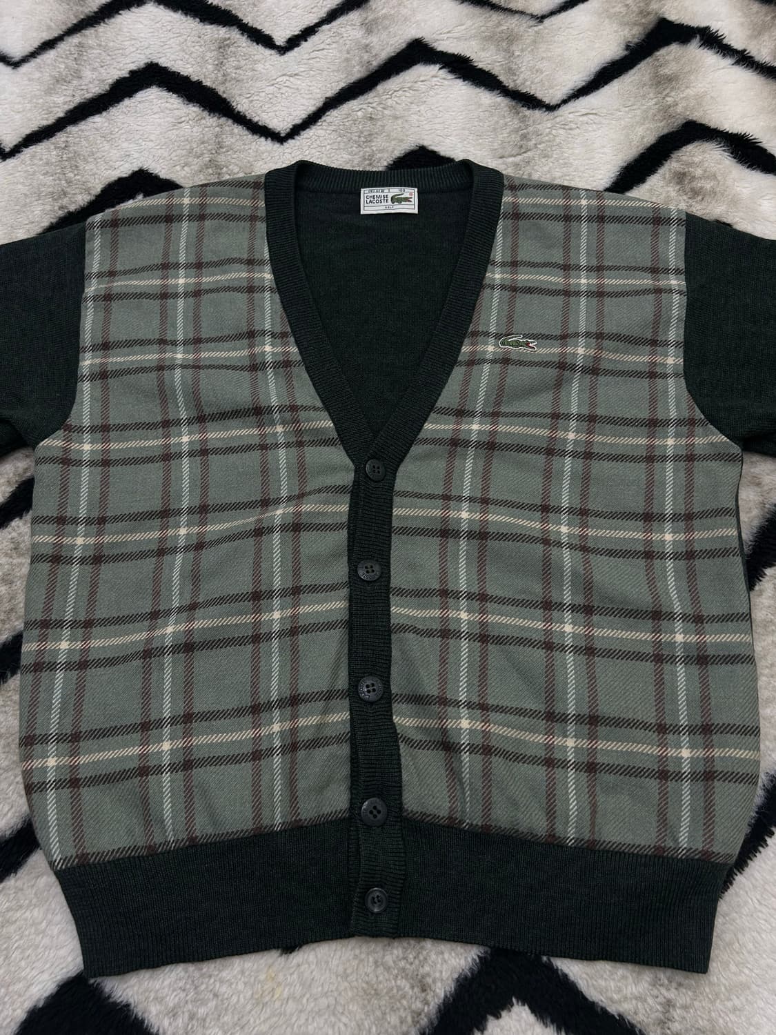 [L]라코스테 V넥 체크 가디건/다크그린 상품이미지3