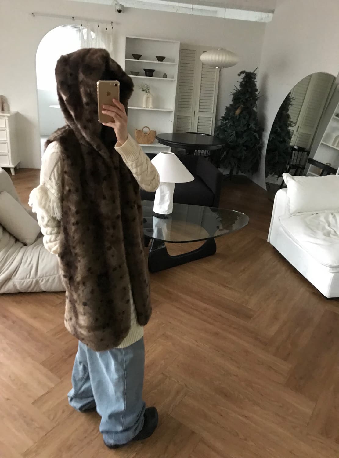 vintage pattern fur hood vest 상품이미지3