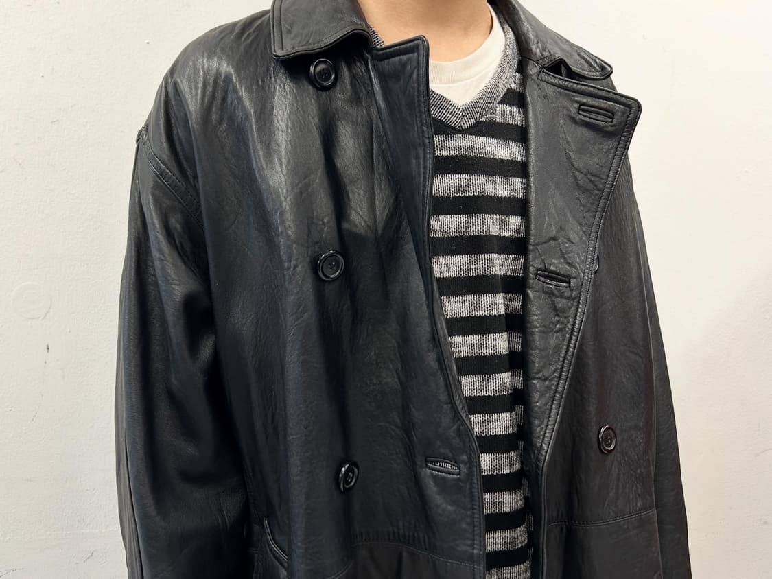 블랙 가죽 트렌치 코트 벨트 더블 버튼 상품이미지5