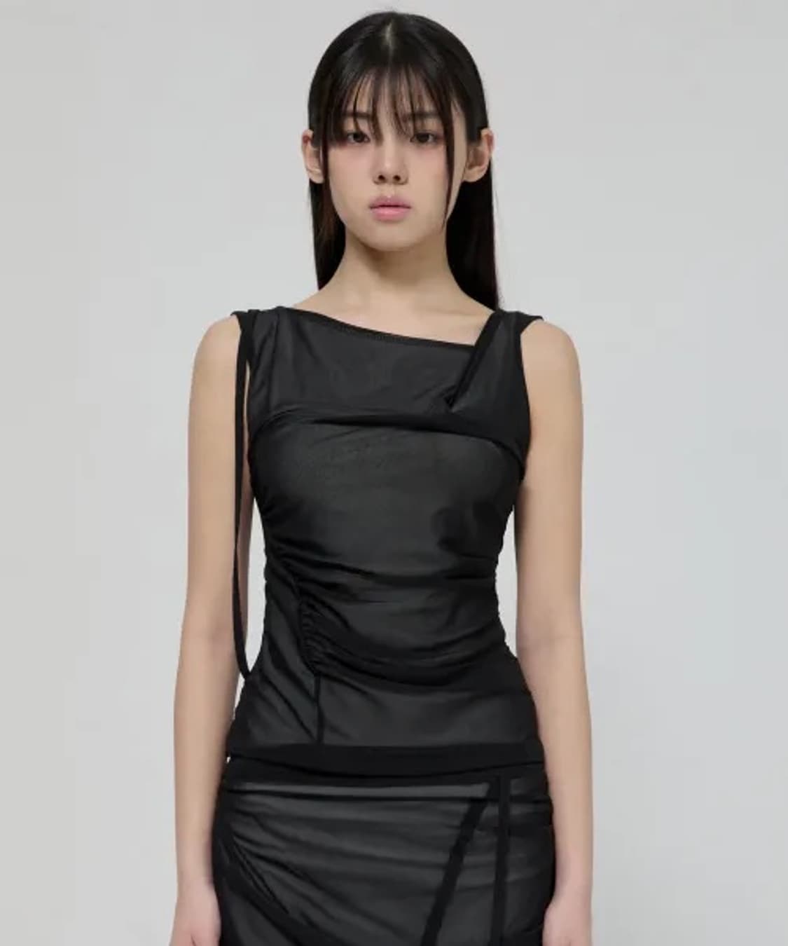 [S] 플레어업 드레이프 메쉬 레이어드 슬리브리스 블랙 상품이미지1