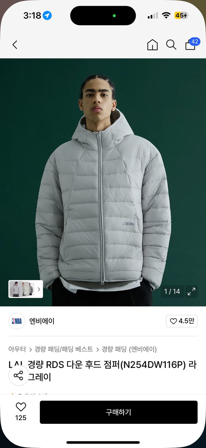 NBA 워리어스 경량 패딩 후드 점퍼 그레이 상품이미지1