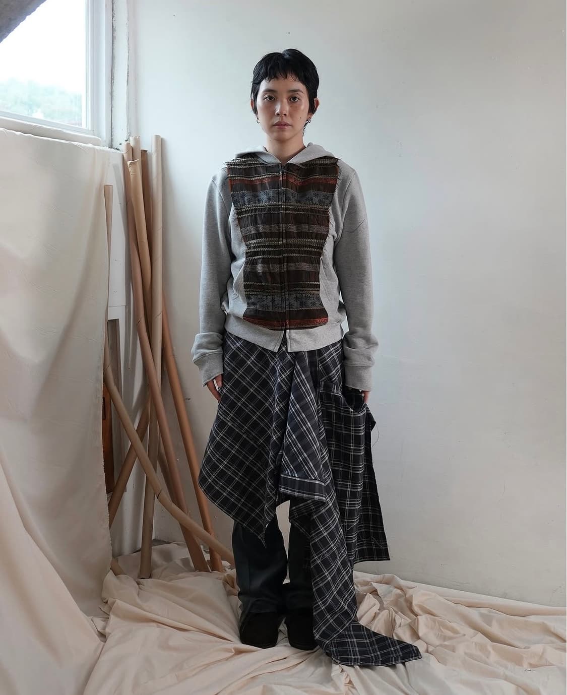 공테잎 체크 스커트 0tape CHECK BUTTON WRAP SKIRT 상품이미지3
