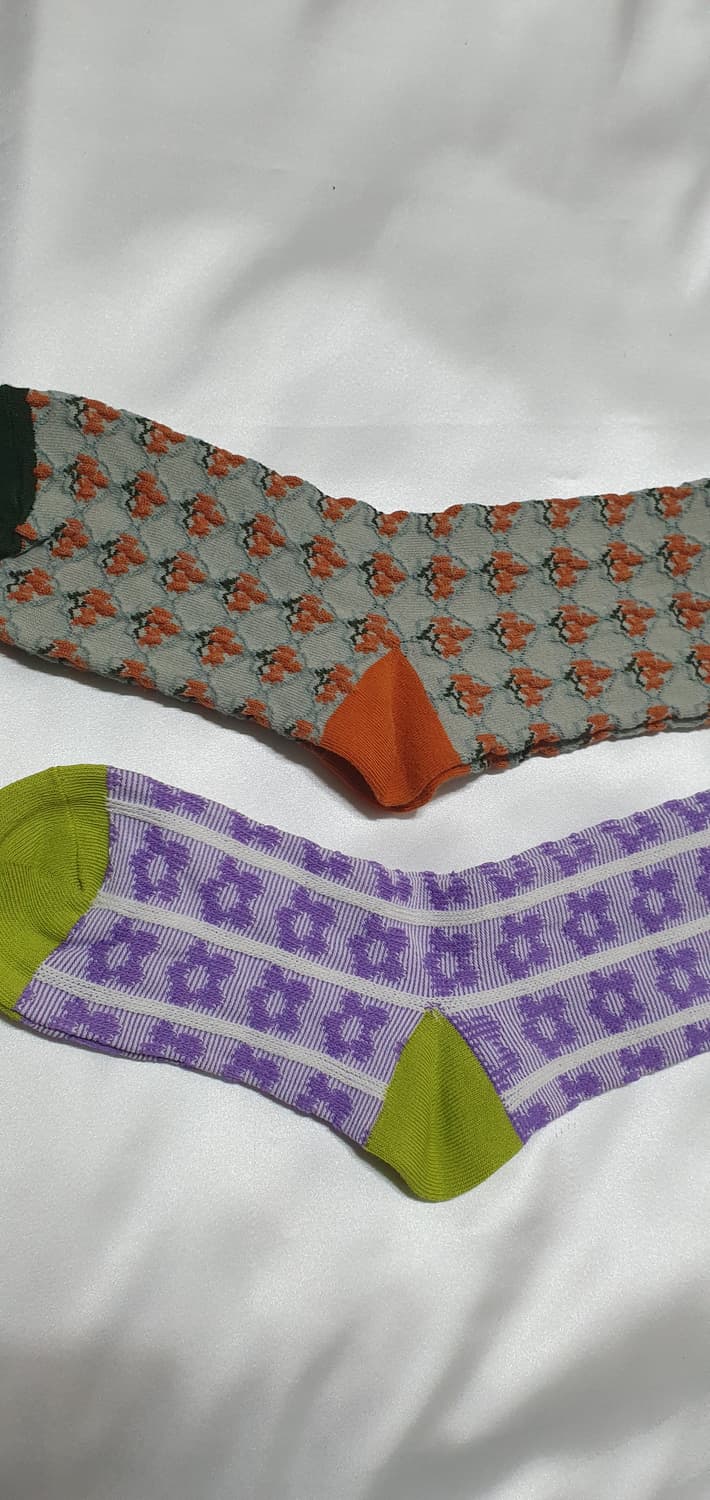 2컬레 가격 그린 퍼플 오렌지 꽃 플라워 패턴 양말 상품이미지2