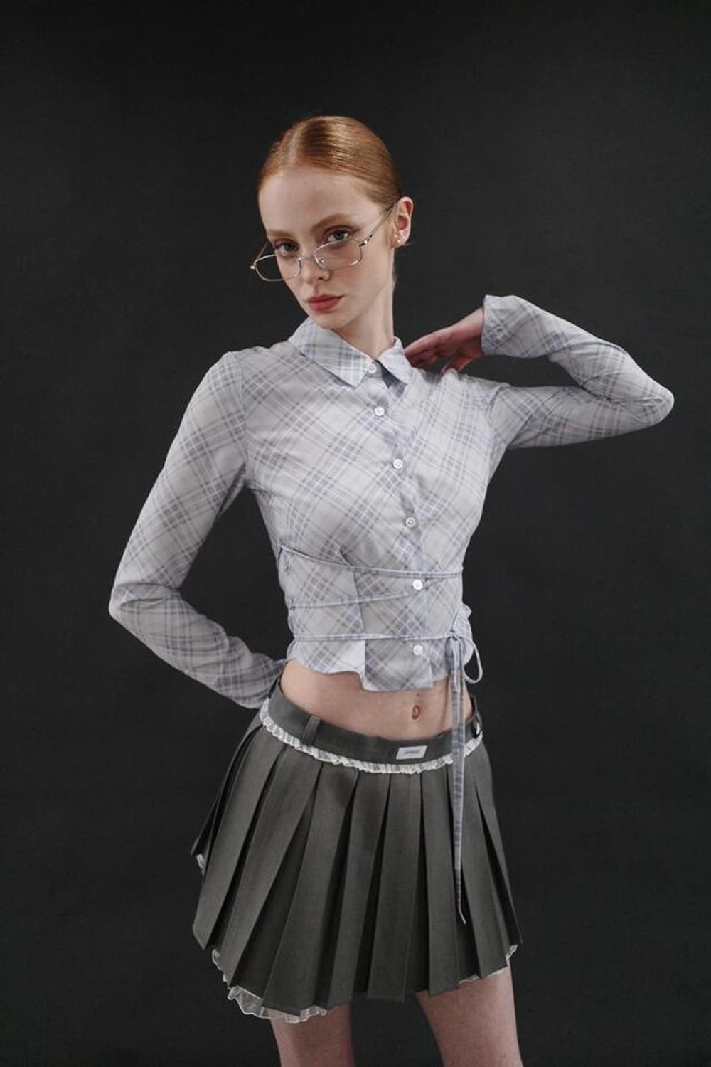 dryrose check string blouse 드라이로즈 체크 셔츠 상품이미지4