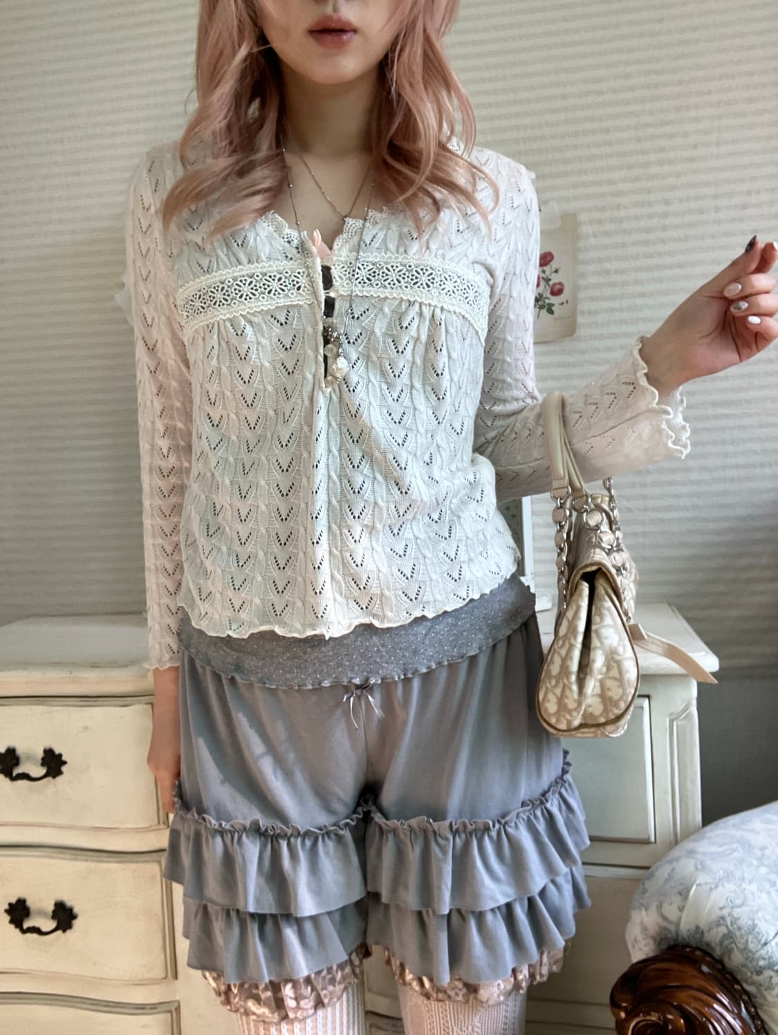 일본빈티지 크로셰 아이보리 레이스 니트 가디건 상품이미지5