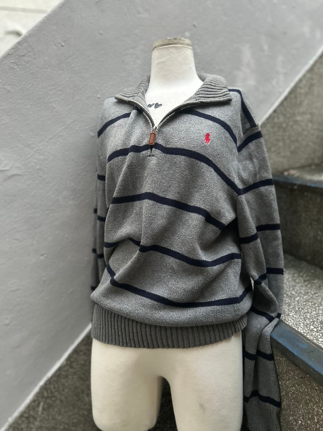 2000s polo 폴로 그레이 스트라이프 반집업 니트 상품이미지5