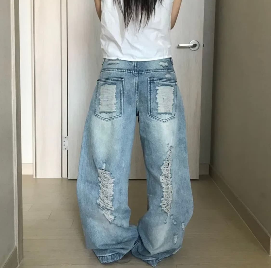 찢청 와이드 팬츠 데미지 루즈핏 로우라이즈 데님 팬츠 상품이미지3