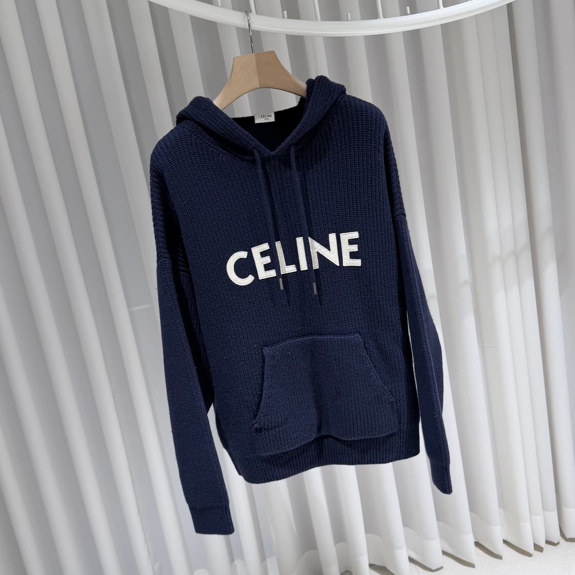 (A+/XS) / 셀린느 로고 리브드 울 후드 니트 스웨터 네이비 상품이미지3