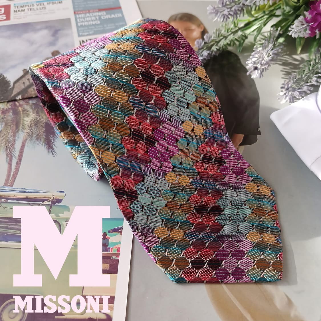 미쏘니 실크 멀티컬러 스케일 패턴 넥타이 8.8cm A+등급 A18850 상품이미지1