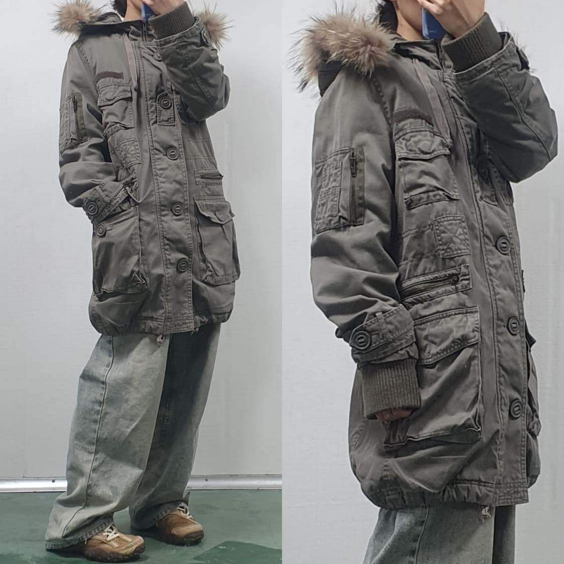 타누키 퍼 누빔 야상 점퍼 카키 브라운 상품이미지10