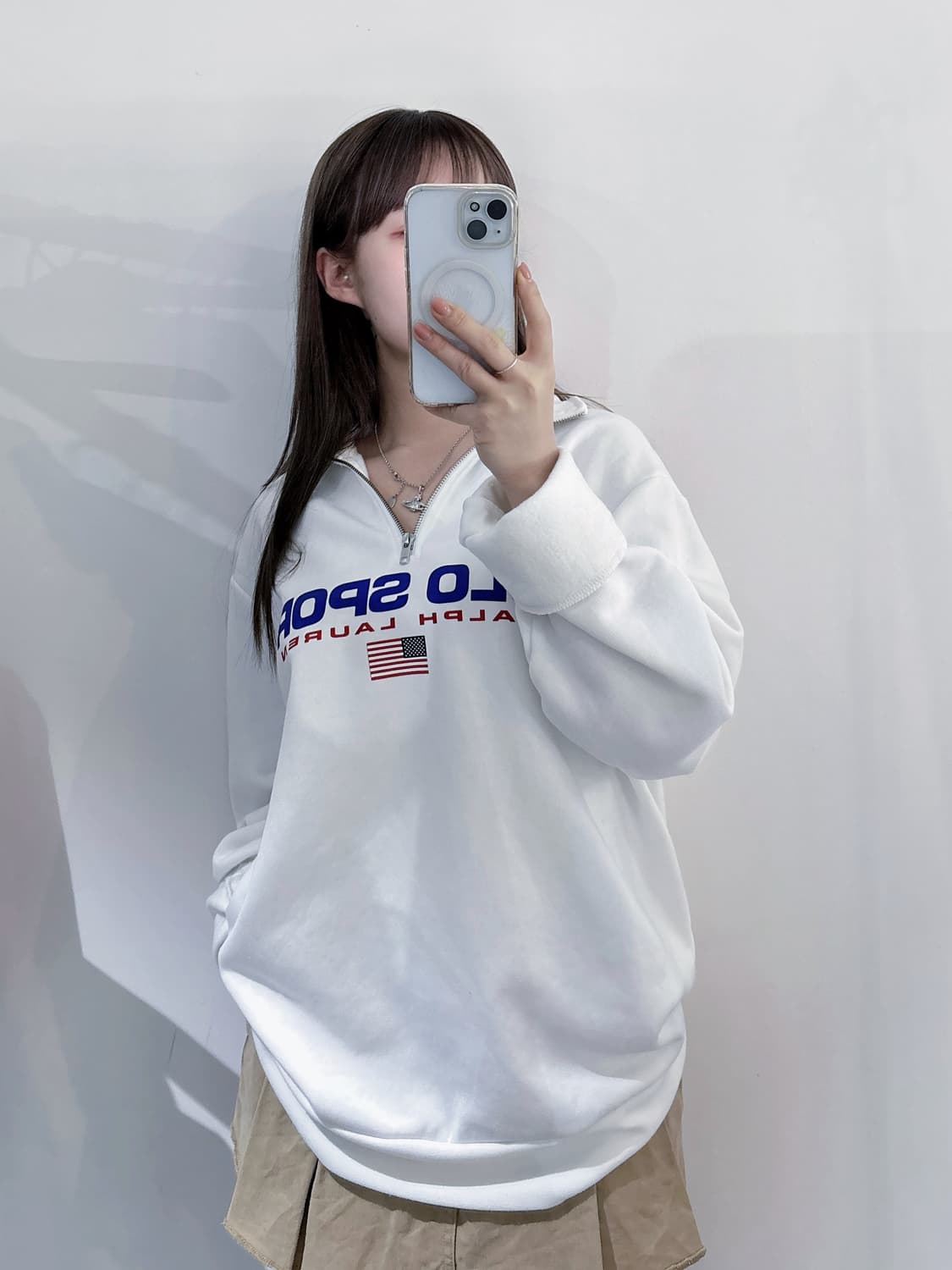 폴로랄프로렌 화이트 스펠로고 반집업 맨투맨 상품이미지1