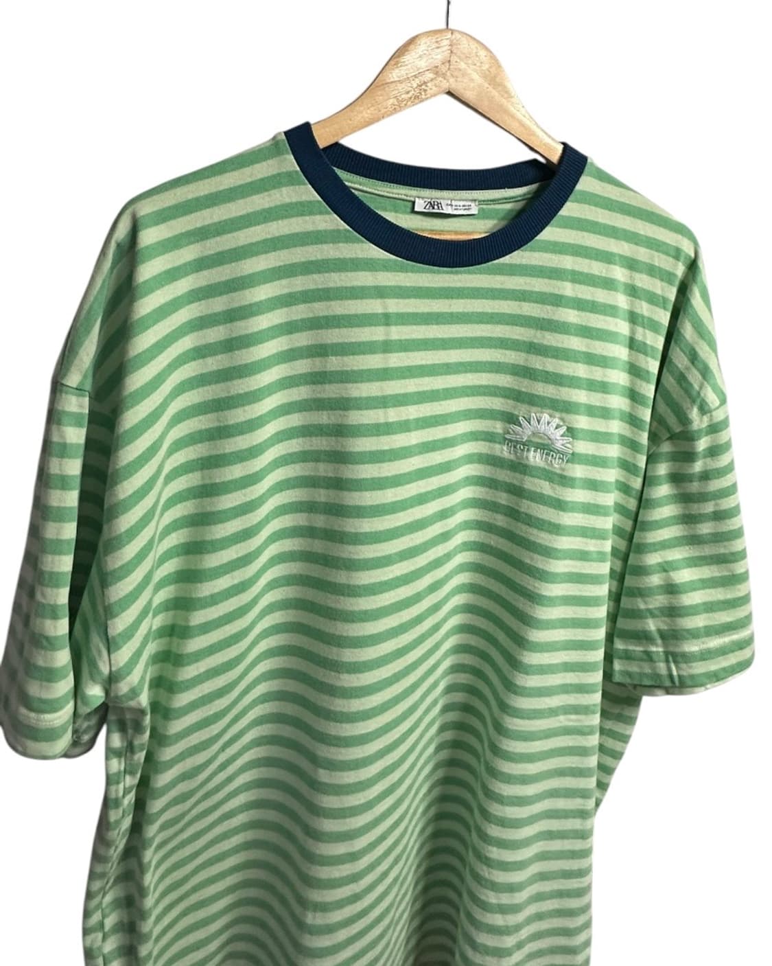 자라(ZARA) 그린 스트라이프 링거 반팔 티셔츠 XL size 상품이미지3
