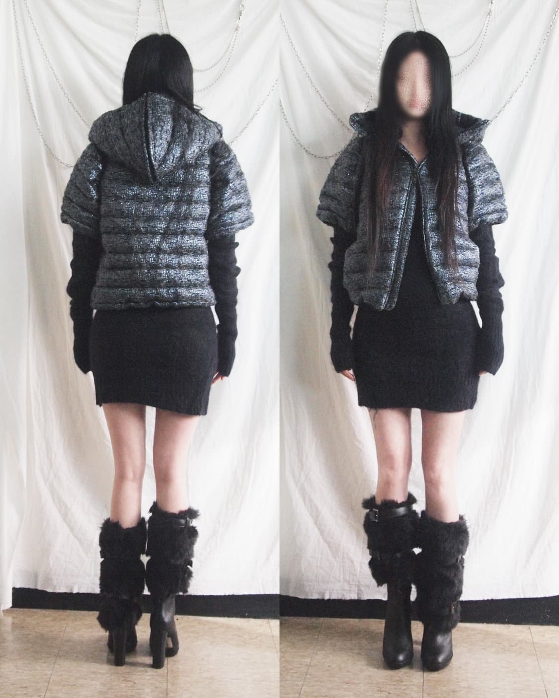 미우미우 하프슬리브 글리터 트위드 크롭 후드 패딩 상품이미지3