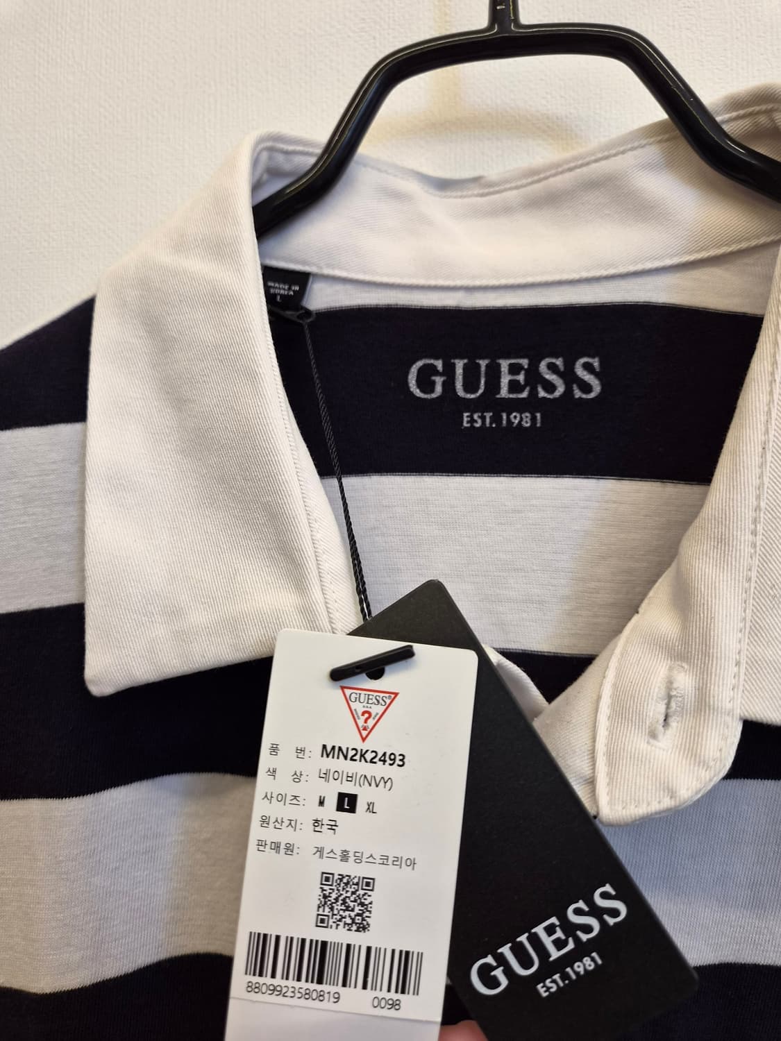 정품 GUESS 네이비 스트라이프 반팔 카라티 L 상품이미지6