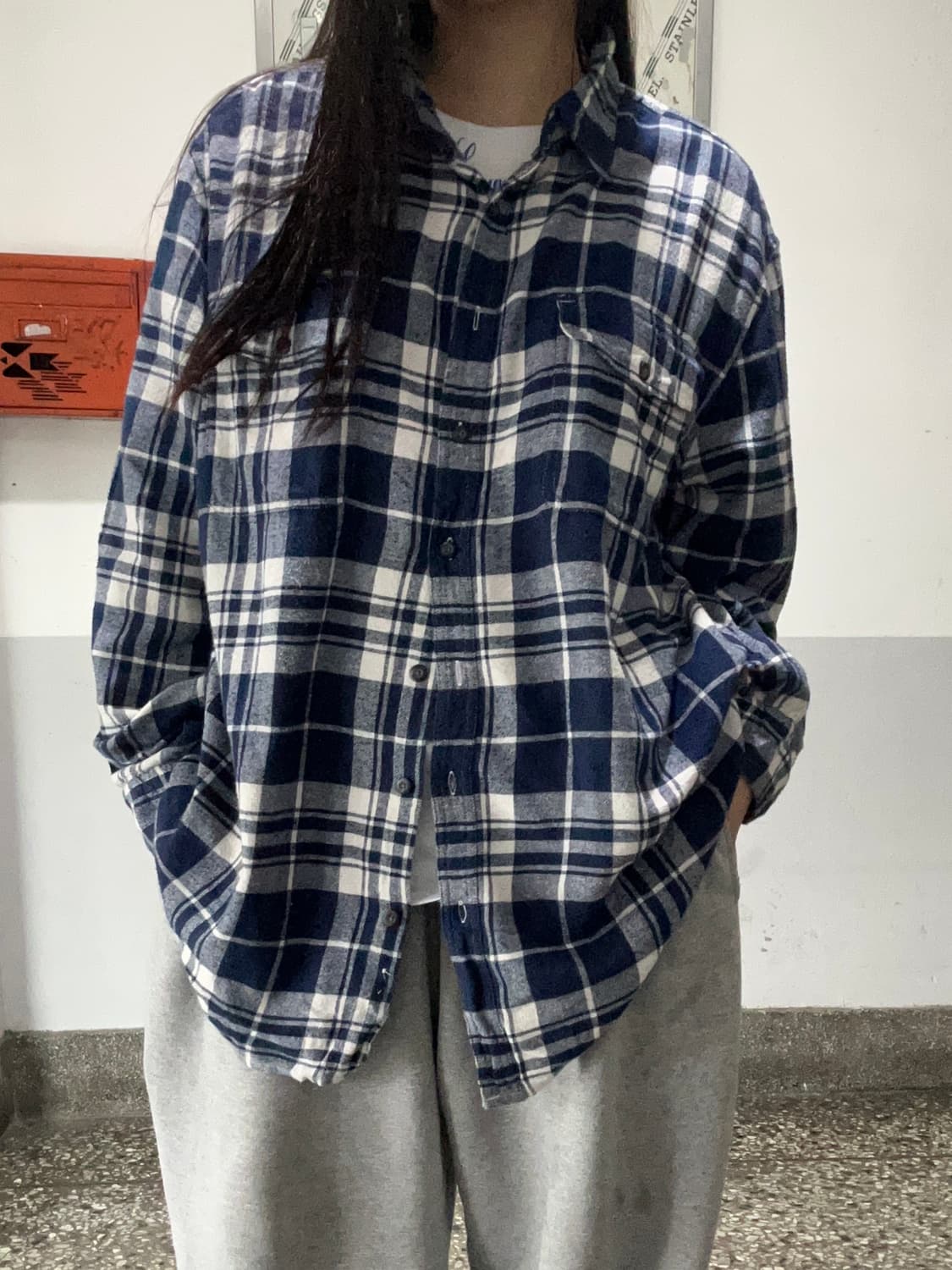 90s 아메리칸 빈티지 네이비체크 플란넬셔츠 상품이미지2