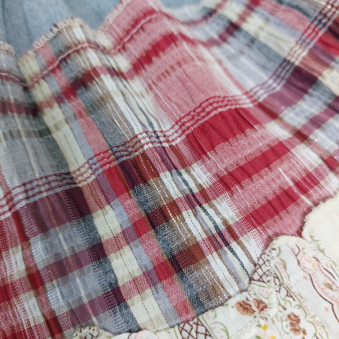 모리걸 하구미 패치 체크 레이스 잔꽃 데님 롱스커트 상품이미지2