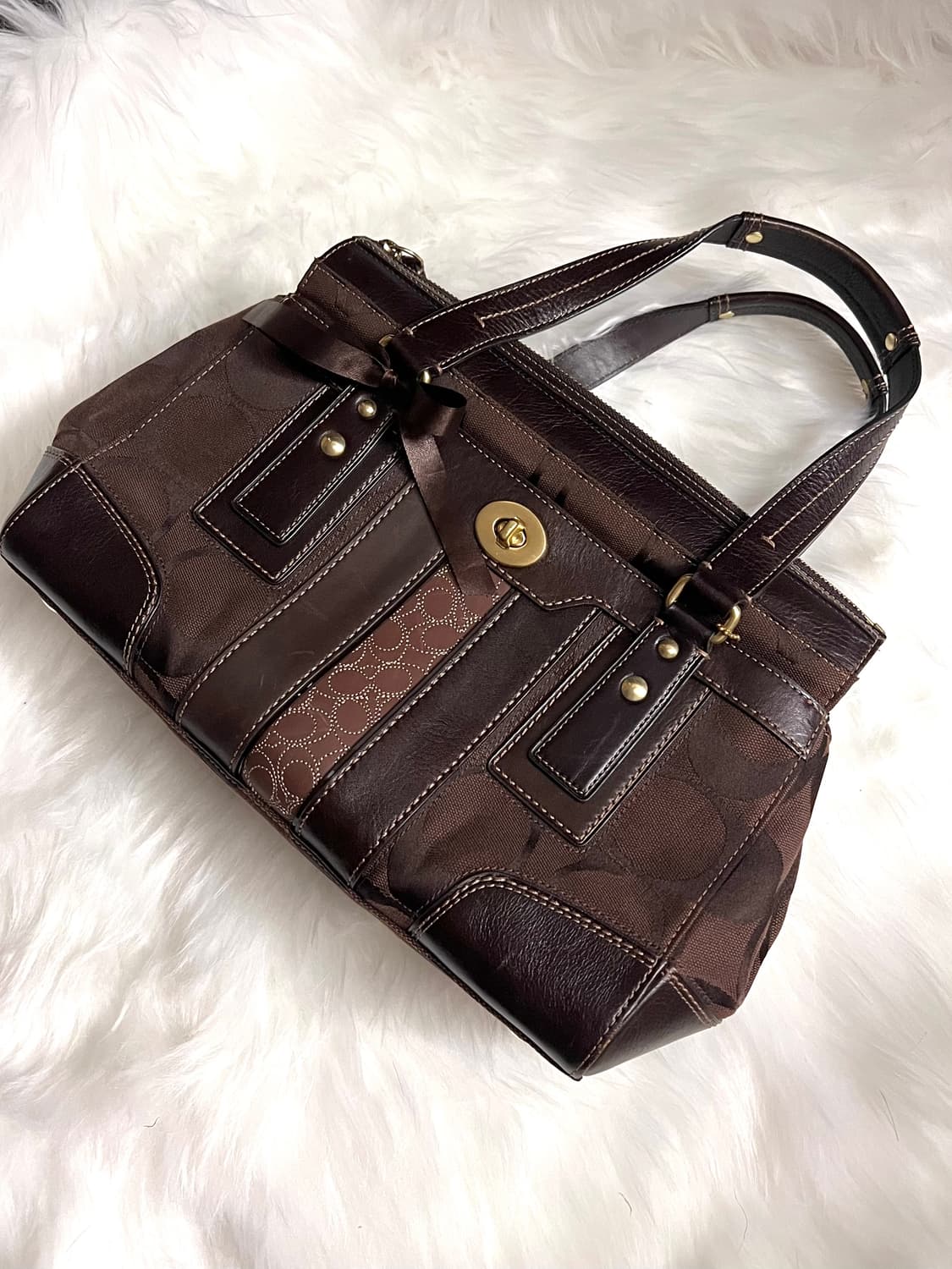 90s coach 시그니처 햄튼 브라운 캔버스 턴락 토트백 숄더백 상품이미지2