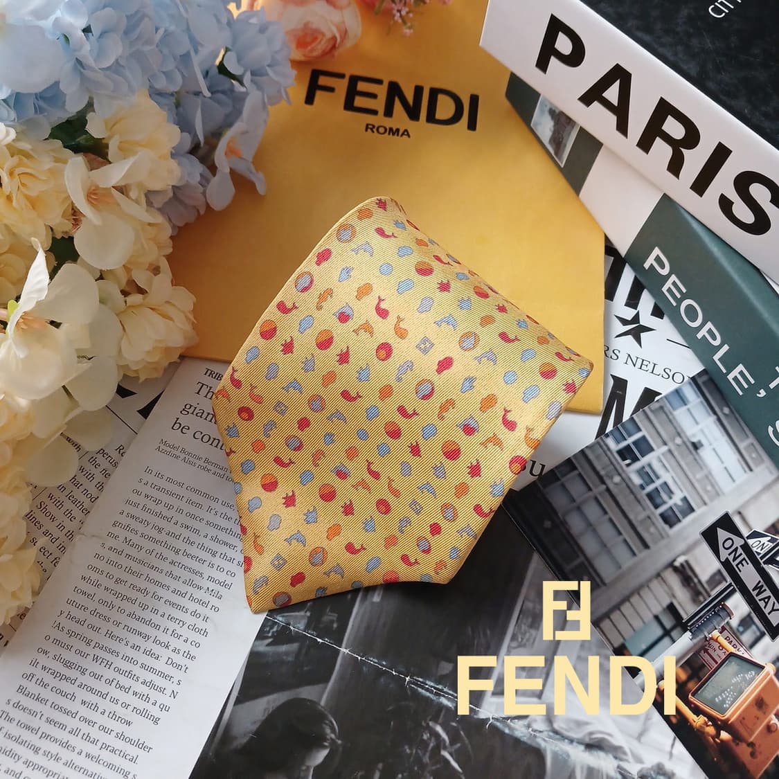 펜디 옐로우 어류 모티브 자카드 넥타이 9cm B등급 E924 상품이미지1