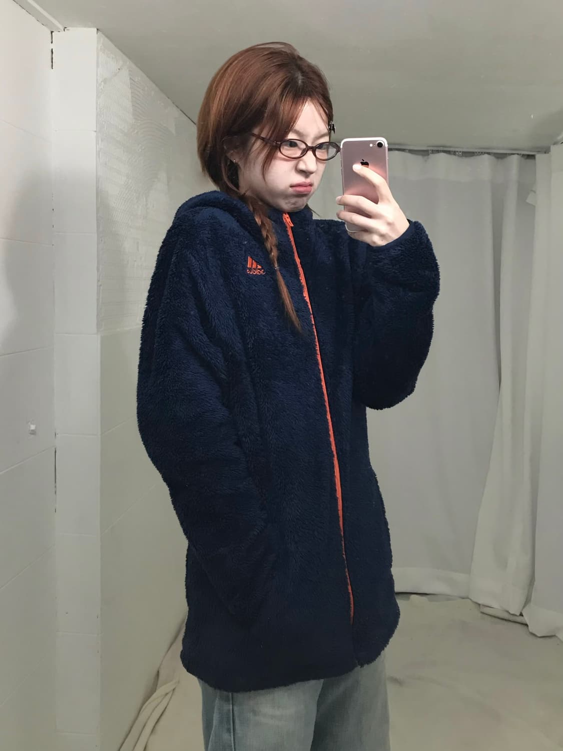 아디다스 네이비 오렌지 롱 후리스 후드 집업 자켓 상품이미지1