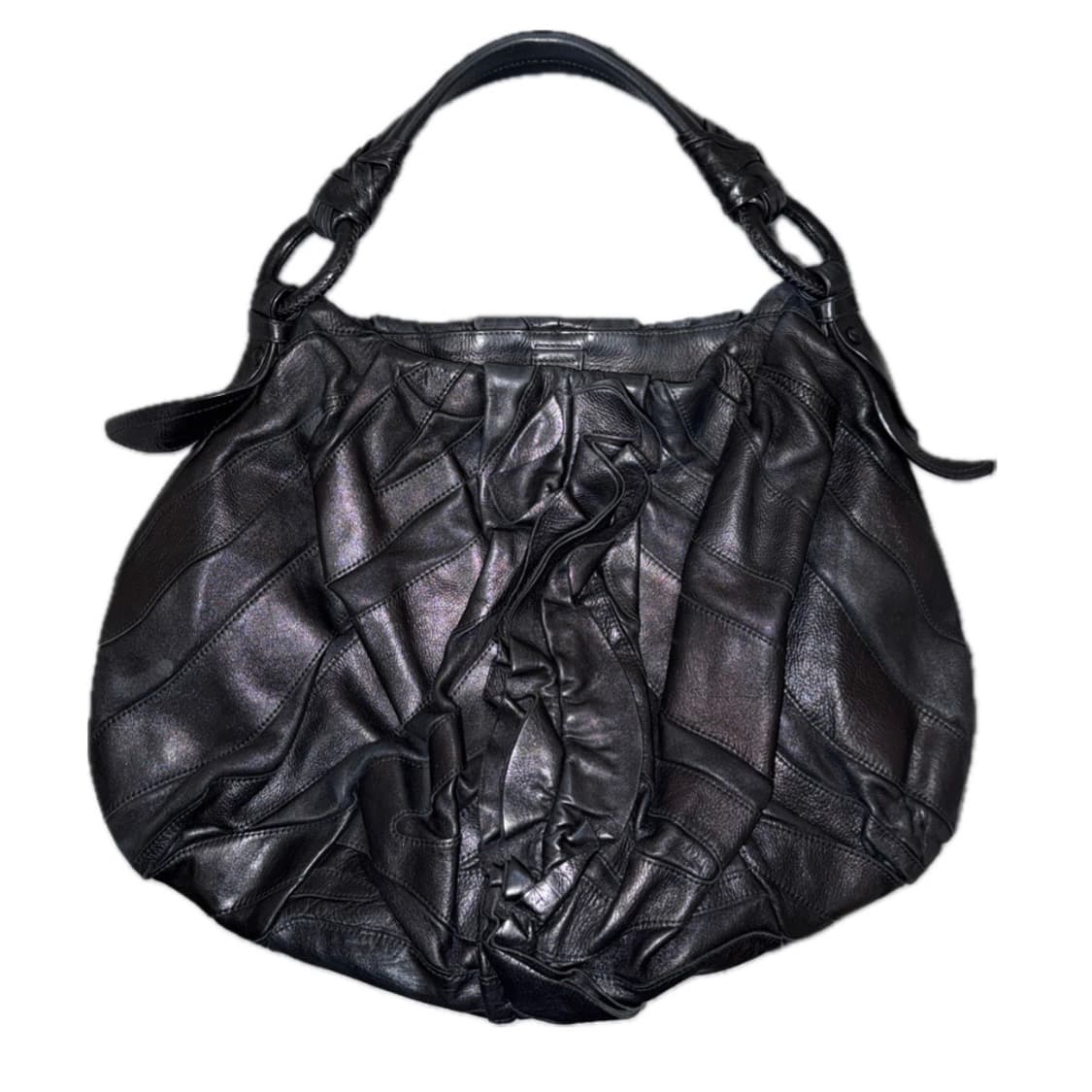 프라다 빈티지 러플 프릴 블랙 레더 토트백 상품이미지1