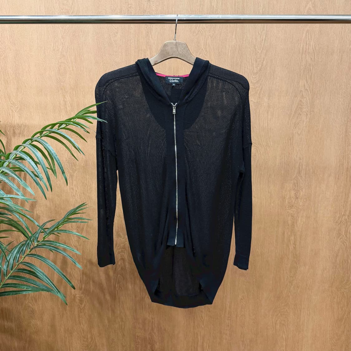 소니아 리키엘 롱 니트 집업 시스루 후드 디테일 루즈핏 블랙 상품이미지1