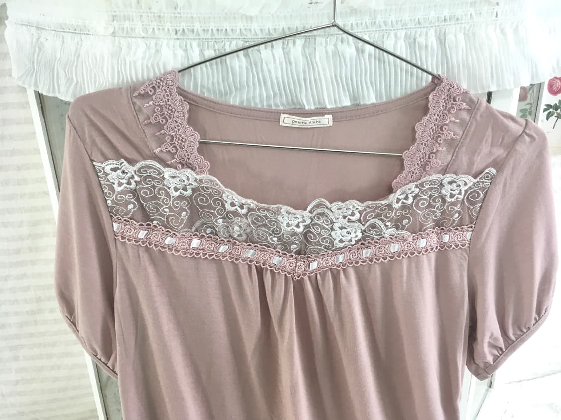 일본빈티지 히메 핑크 레이스 아일렛 퍼프 티셔츠 상품이미지5