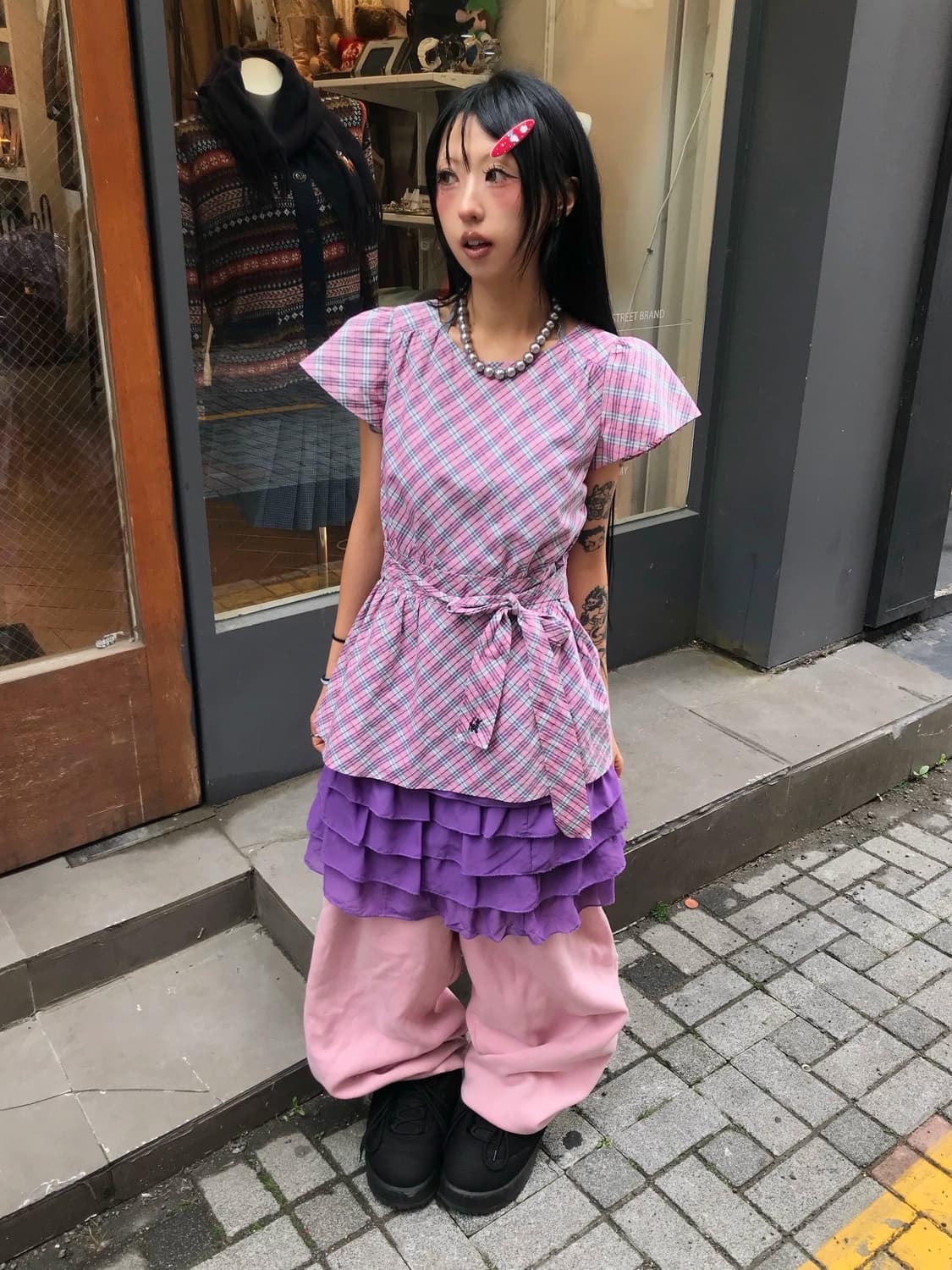 버버리 핑크 체크 퍼프 블라우스 상품이미지1