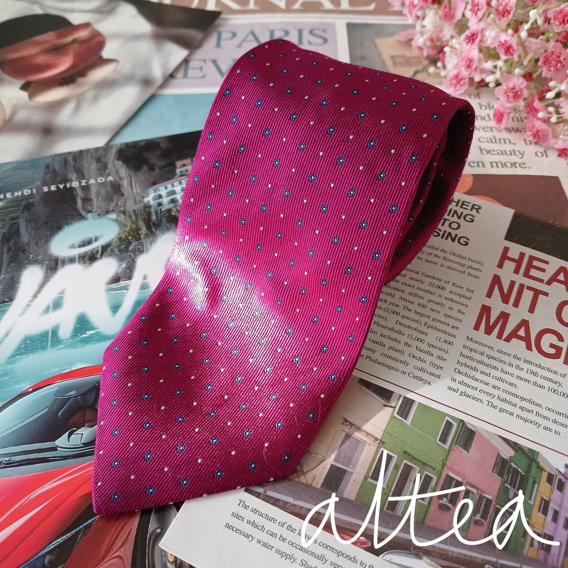 알테아 실크 핫핑크 마이크로 플라워 넥타이 8.7cm A등급 A19369 상품이미지2