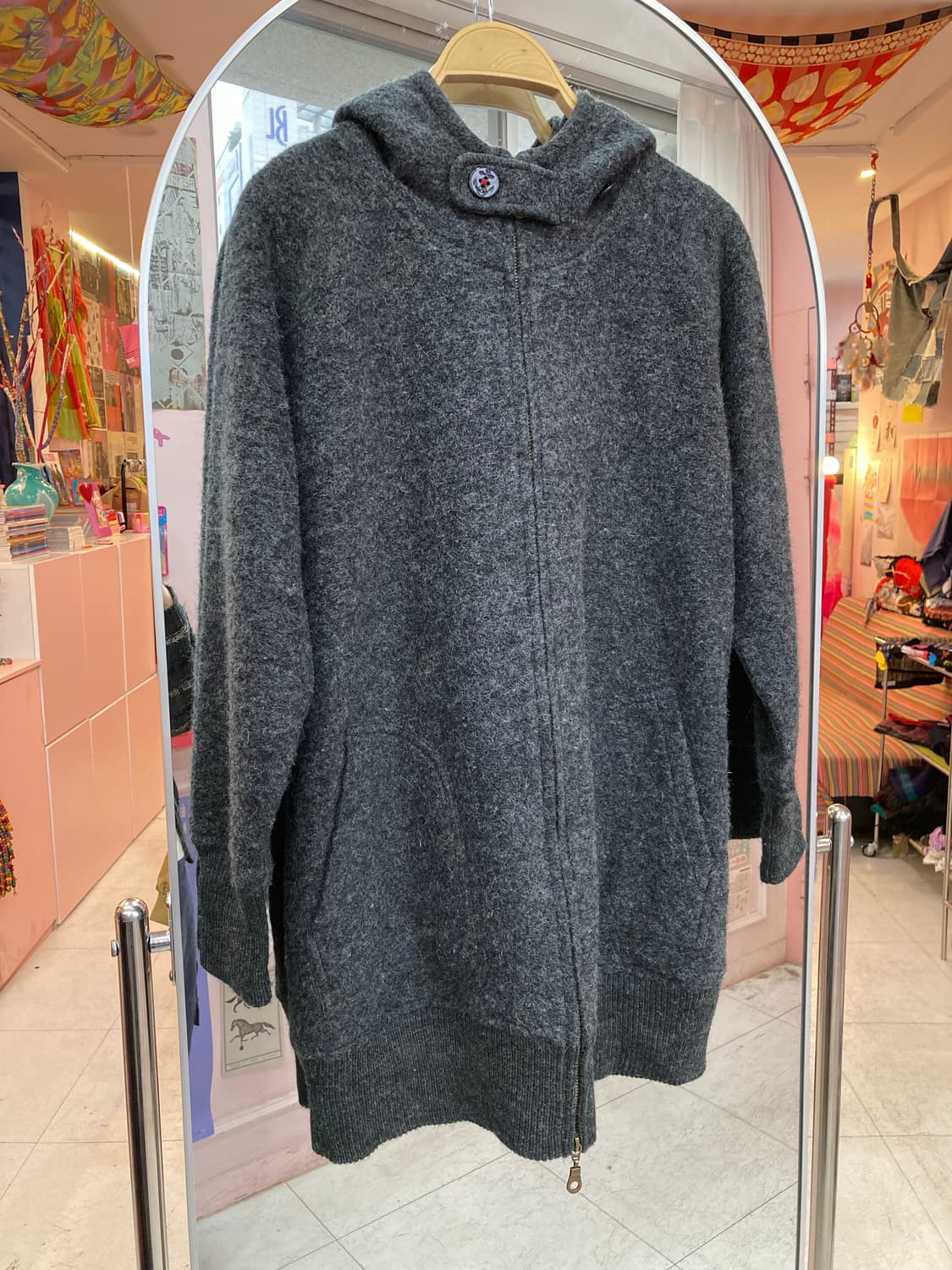 울 40% 그레이 단추 후드집업 상품이미지1