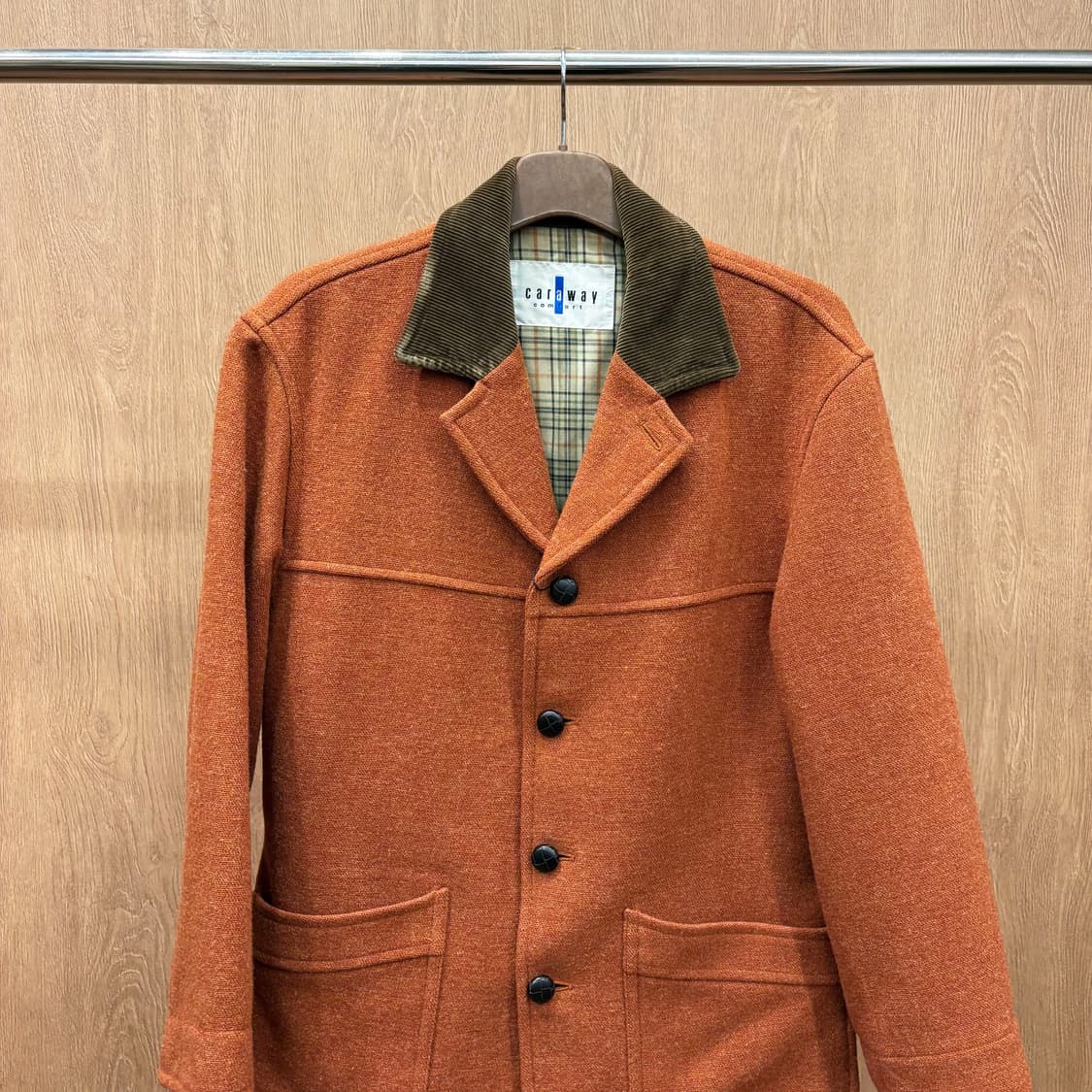 카라웨이 컴포트 울 자켓 체크 안감 배색 카라 체스트 절개 디테일 오렌지 상품이미지4