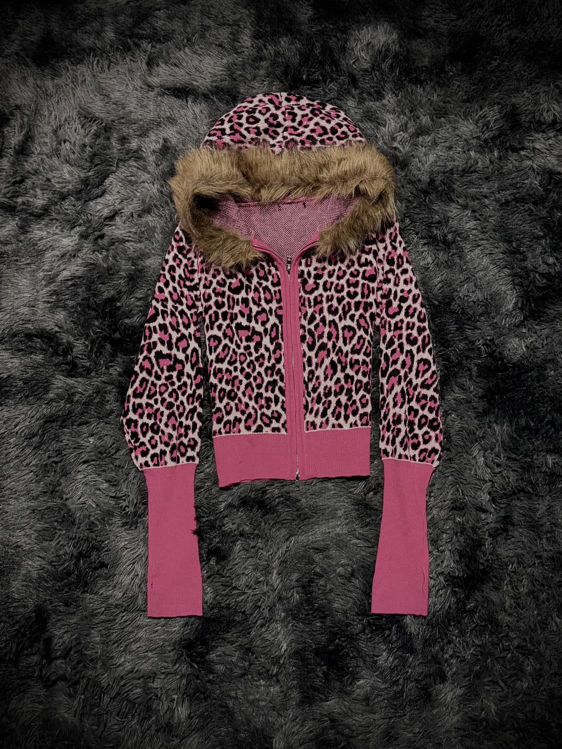 핑크 크롭 레오파드 퍼 후드집업 상품이미지1