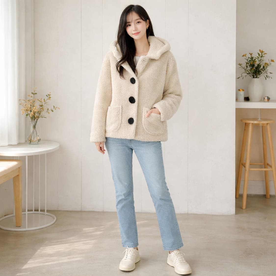 오즈세컨 울 100% 덤블 뽀글이 후드 자켓 아이보리 상품이미지1