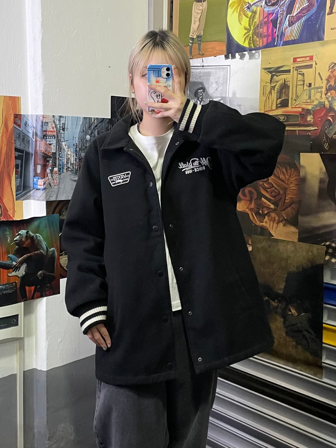 반스 체커보드 모직 누빔 스타디움 바시티 자켓 L 상품이미지1