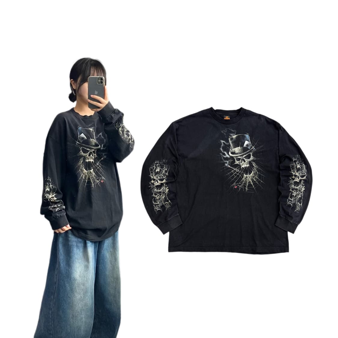USA 스컬 해골 스파이더 웹 롱슬리브 상품이미지1
