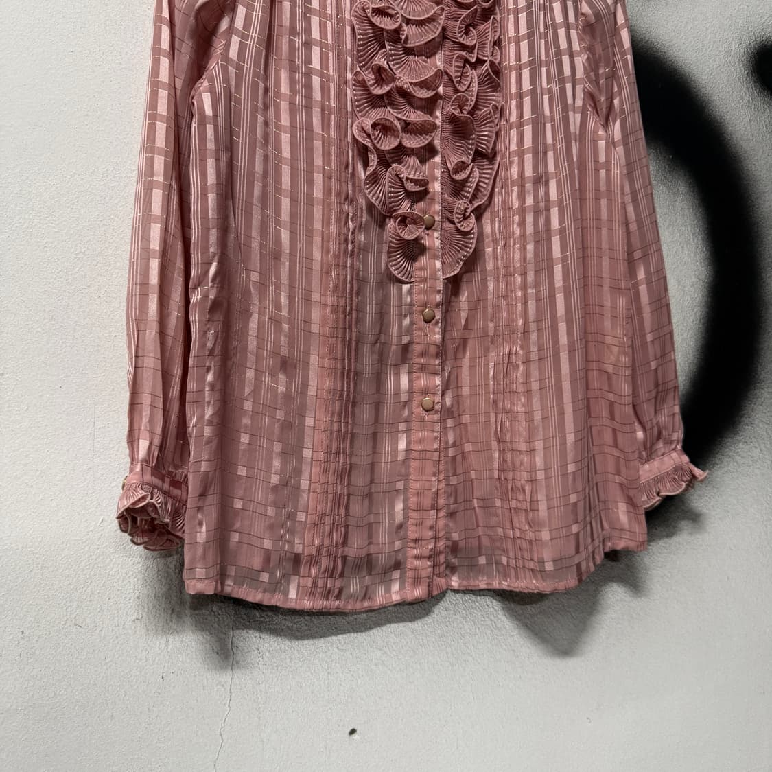 VTG 빈티지 긱시크 핑크 프릴 스트라이프 셔츠 블라우스 상품이미지4