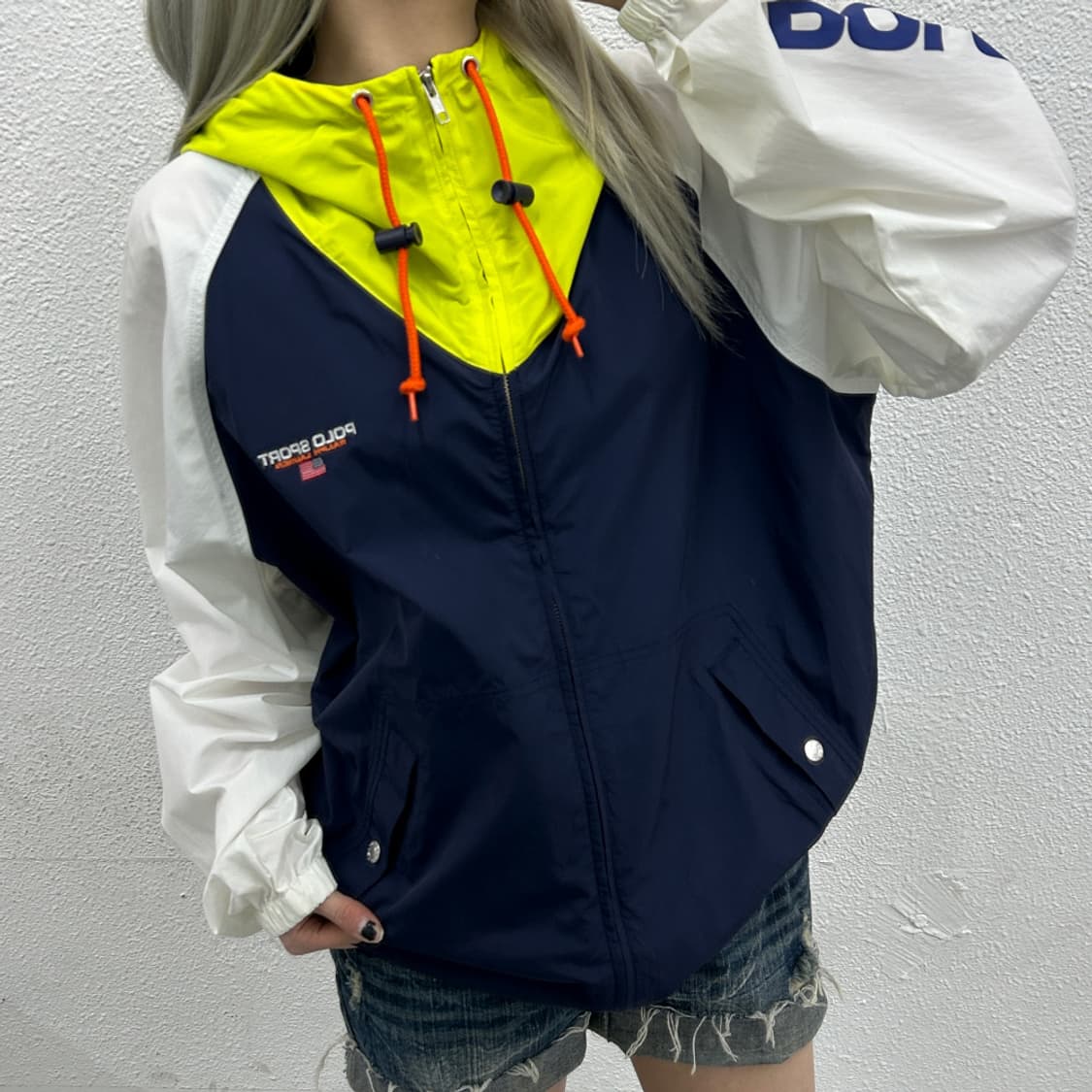 폴로 랄프로렌 스포츠 네온 배색 네이비 후드 바람막이 M 상품이미지1