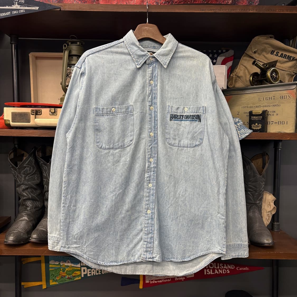 90s 할리데이비슨 클래식 워크 데님셔츠 레터링 패치포켓 N735 상품이미지1
