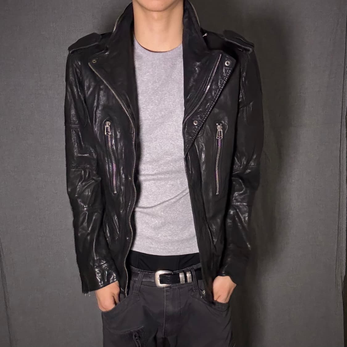 하이넥 지퍼 디테일 양가죽 자켓 상품이미지3