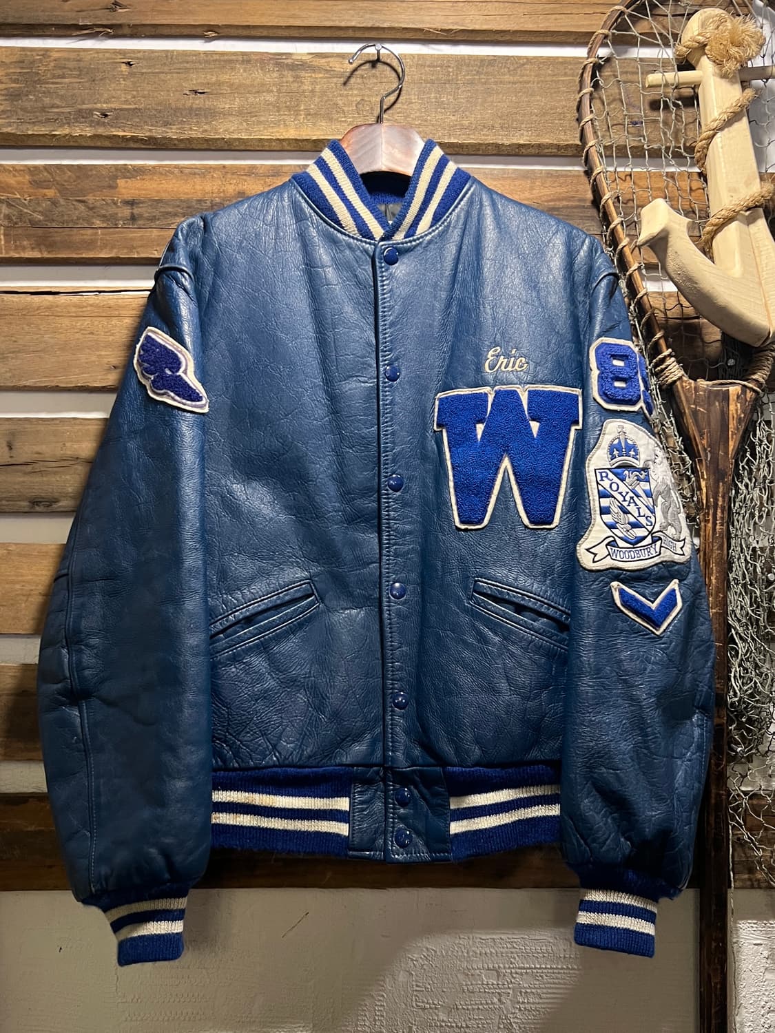 [M]80's Made in USA 블루 리얼 레더 바시티 자켓 상품이미지1