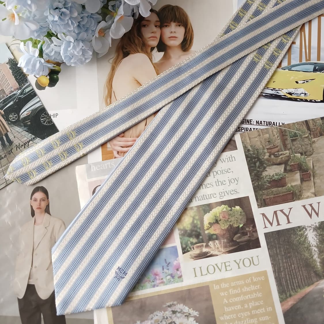 MCM 실크 스카이블루 스트라이프 넥타이 9.1cm A+등급 A19260 상품이미지4