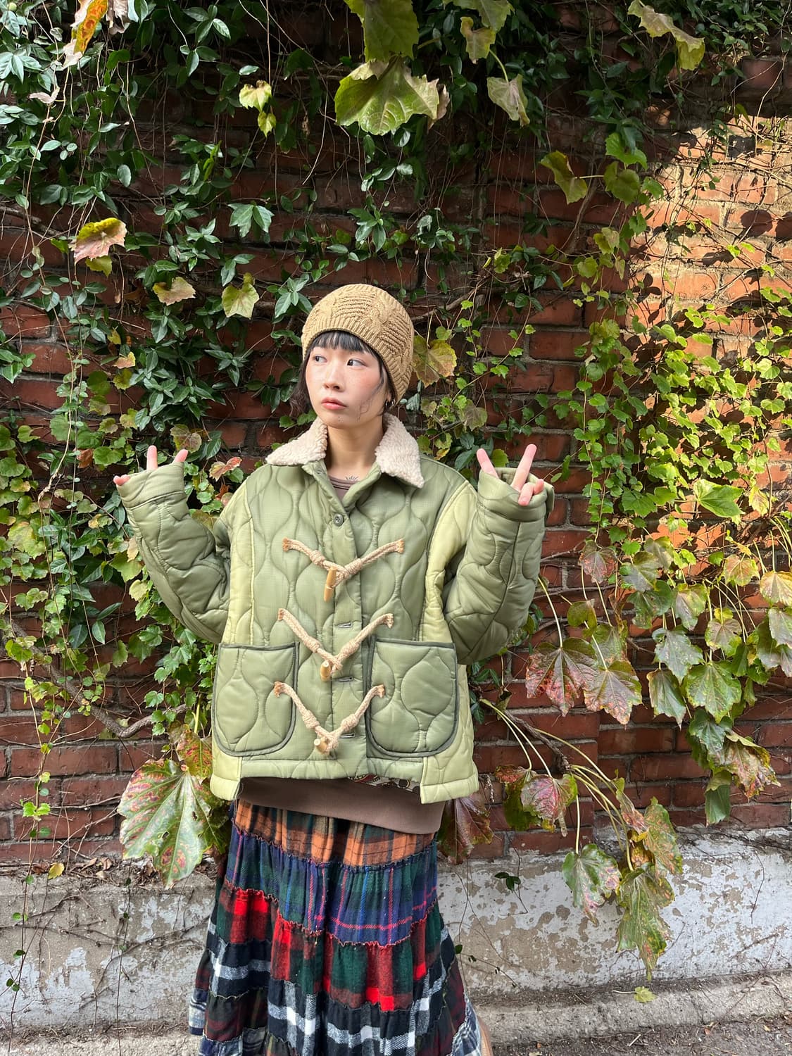 카키 패티 퀼팅 더플 디자인 아우터 상품이미지1