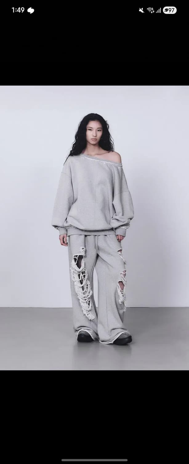 트리밍버드 스크래치 데미지 와이드 스웻 팬츠 그레이 상품이미지2